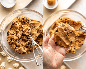 Side-by-side of scooping the cookie dough and flatten in palm before adding cheesecake filling.