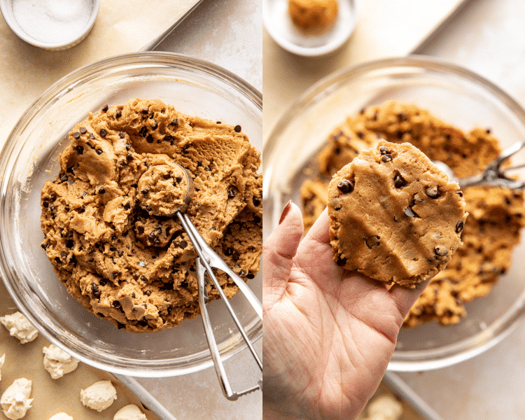 Side-by-side of scooping the cookie dough and flatten in palm before adding cheesecake filling.