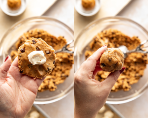 Side-by-side image of adding cheesecake filling and wrapping dough around it.