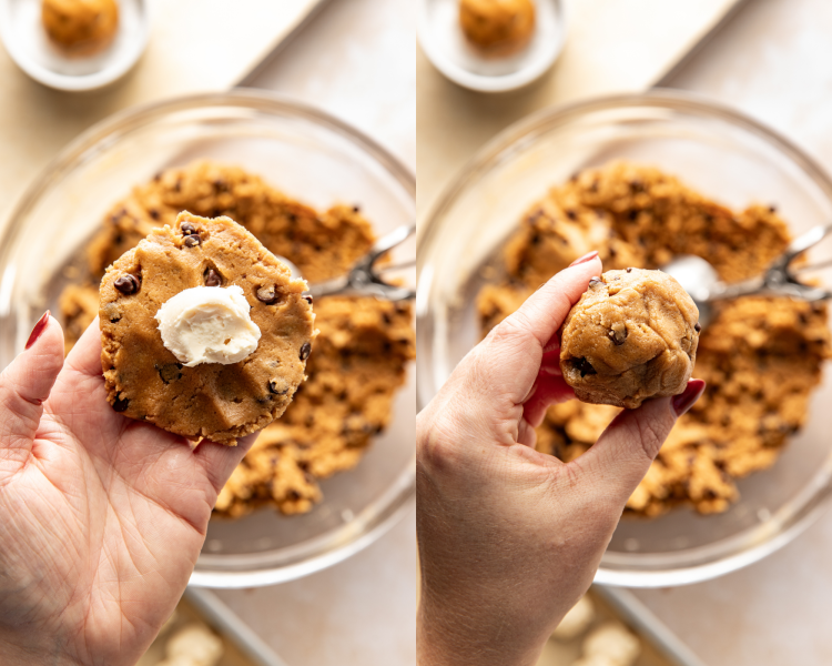 Side-by-side image of adding cheesecake filling and wrapping dough around it.