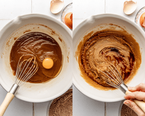 Side-by-side image of whisking wet ingredients together in mixing bowl.