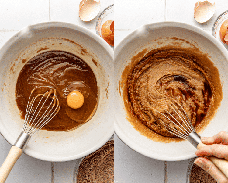Side-by-side image of whisking wet ingredients together in mixing bowl.