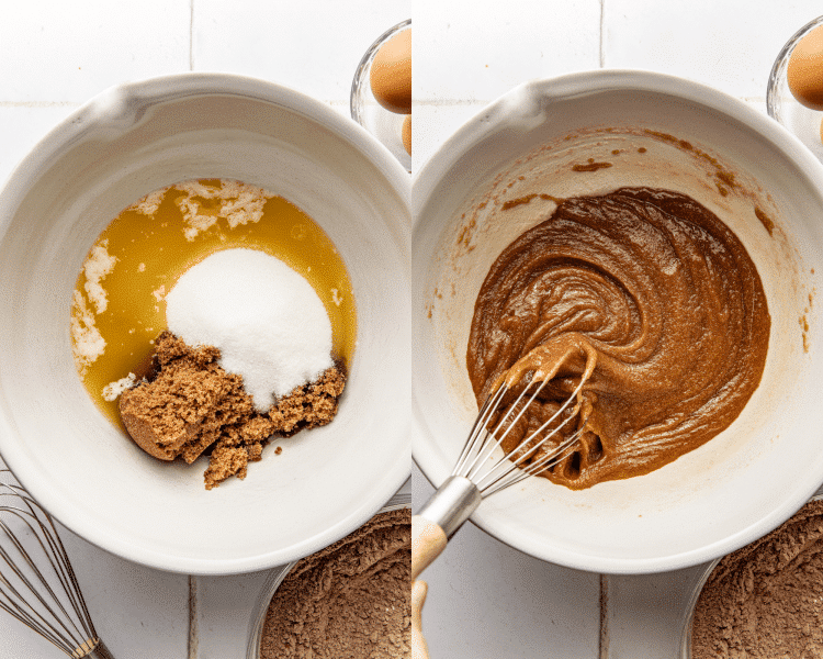 Side-by-side image of mixing sugars and melted butter together in mixing bowl.