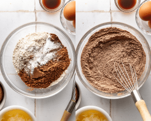 Side-by-side image of whisking dry ingredients together in mixing bowl.