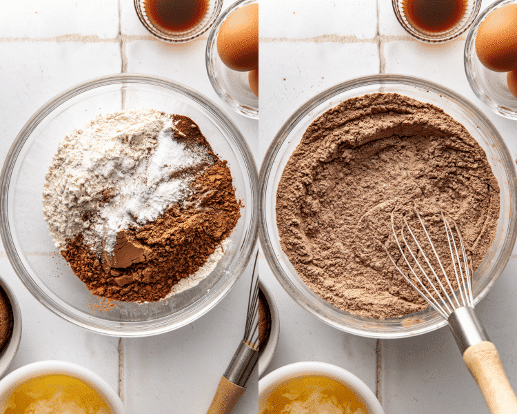 Side-by-side image of whisking dry ingredients together in mixing bowl.