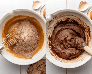 Side-by-side image of adding dry ingredients to wet ingredients and stirring until combined.