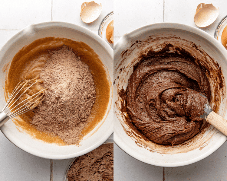 Side-by-side image of adding dry ingredients to wet ingredients and stirring until combined.