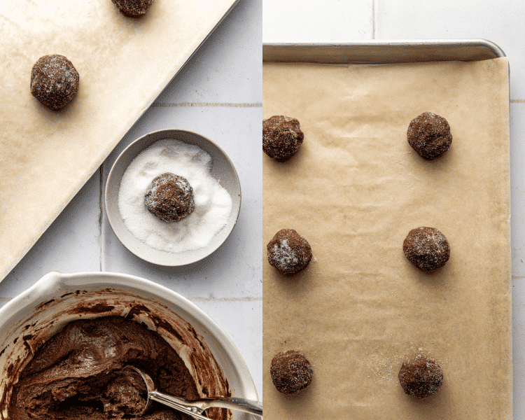 Side-by-side image of rolling dough balls into granulated sugar and placing on parchment lined baking sheet.