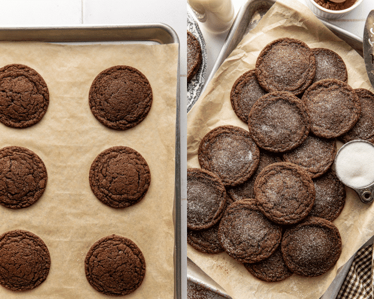 Side-by-side image of baking cookies on parchment lined baking sheet then sprinkled baked cookies with extra sugar.
