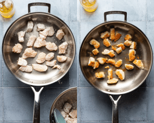 Side-by-side image of cooking chicken in skillet.