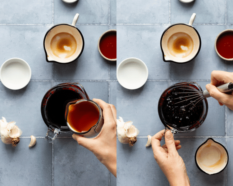 Side-by-side image of whisking together the ingredients for honey garlic sauce.
