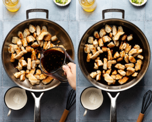 Side-by-side image of adding the sauce to the chicken in the pan and letting it sit for a few minutes.