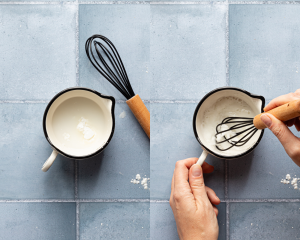 Side-by-side image of whisking cornstarch and water together in small bowl.