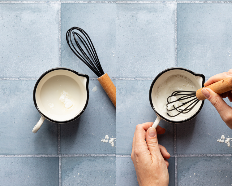 Side-by-side image of whisking cornstarch and water together in small bowl.