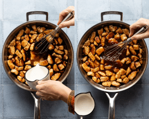 Side-by-side image of whisking the cornstarch slurry into chicken then letting it thicken for a few minutes.