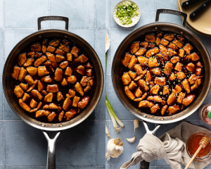 Side-by-side image of letting the chicken cook in thickened sauce for a few minutes then garnishing with sesame seeds and green onions.