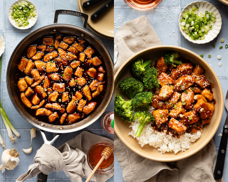 Side-by-side image of finishing cooking the chicken in the pan then adding to bowl to serve with broccoli and rice.