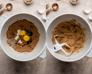 Side-by-side image of adding the wet ingredients to the butter and sugars and mixing until combined.