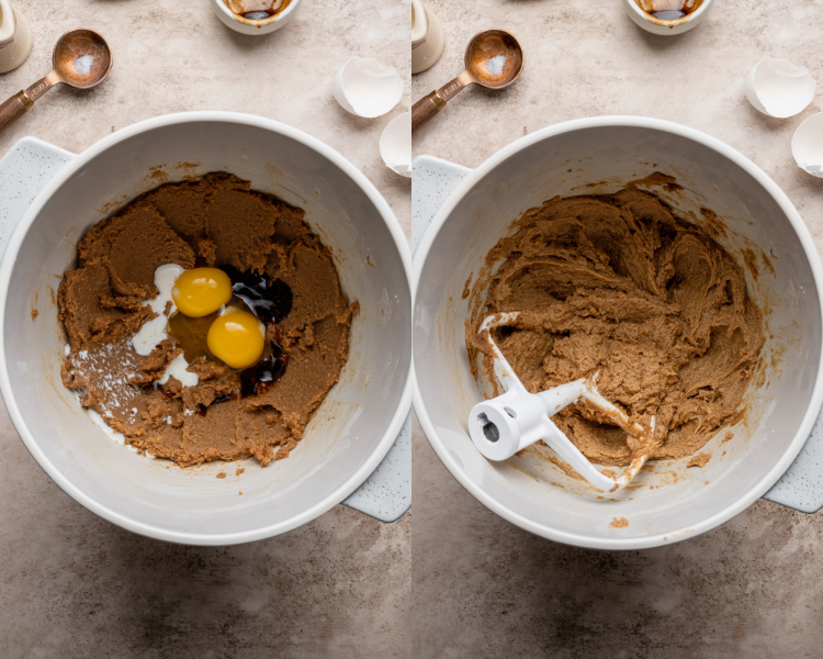 Side-by-side image of adding the wet ingredients to the butter and sugars and mixing until combined.