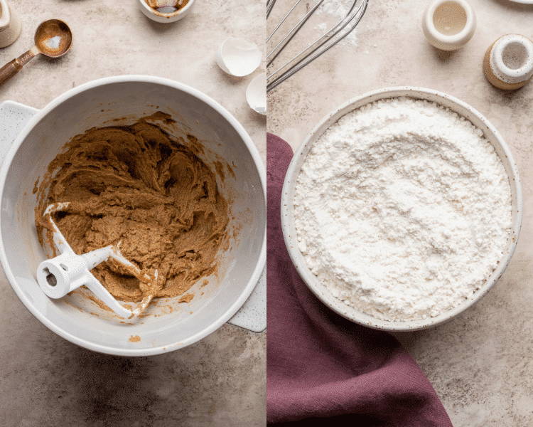 Side-by-side image of separately mixing the wet and dry ingredients.