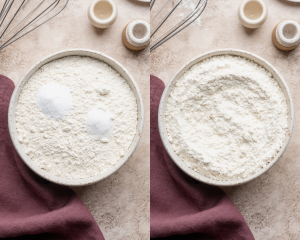 Side-by-side image of mixing the dry ingredients together in a separate mixing bowl.