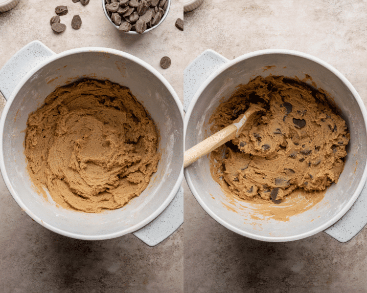 Side-by-side image of mixing all the ingredients together to form the cookie dough.