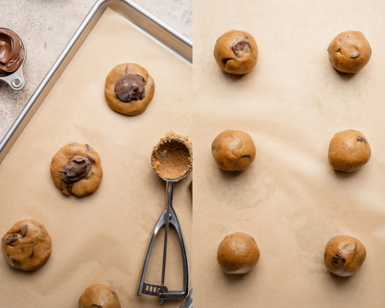 Side-by-side image of scooping out cookie dough then adding the frozen nutella into the center and wrapping dough around it.