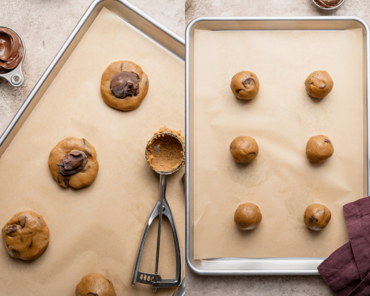 Side-by-side image of scooping dough, adding frozen nutella center, then wrapping dough around and placing on prepared baking sheet.