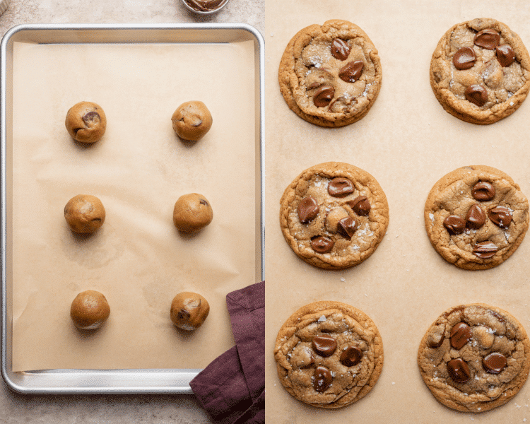 Side-by-side image of placing cookie dough balls on prepared baking sheet and baking for 8-10 minutes.