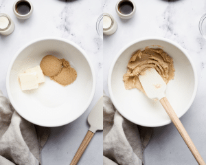 Side-by-side of mixing butter and sugars in small mixing bowl with rubber spatula.