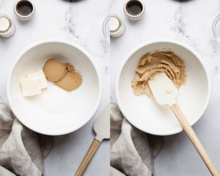 Side-by-side of mixing butter and sugars in small mixing bowl with rubber spatula.