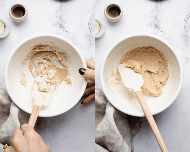 Side-by-side image of adding the wet ingredients and mixing together.