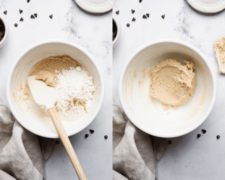 Side-by-side image of adding dry ingredients to wet ingredients and mixing until combined.