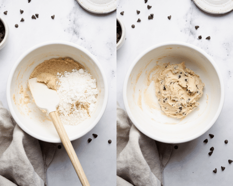 Side-by-side image of adding the dry ingredients and chocolate chips to cookie dough and mixing together in small mixing bowl.
