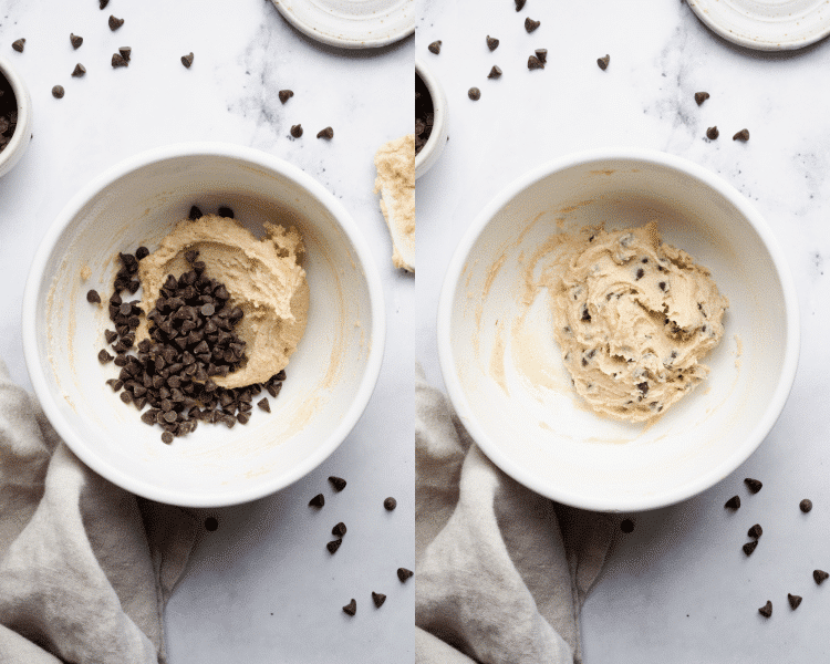 Side-by-side image of adding chocolate chips to cookie dough and mixing together.