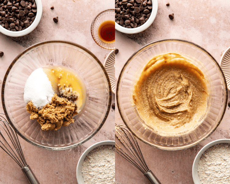 Side-by-side image of mixing wet ingredients together in mixing bowl.