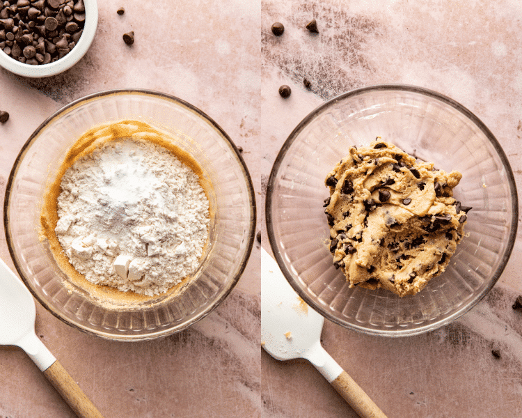 Side-by-side image of adding dry ingredients and chocolate chips into wet ingredients.