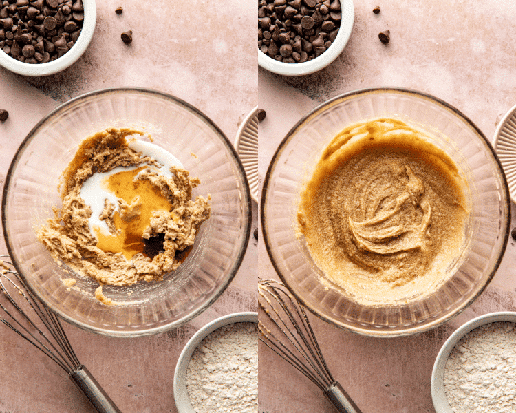 Side-by-side image of adding vanilla, egg and milk to wet ingredients and mixing together.