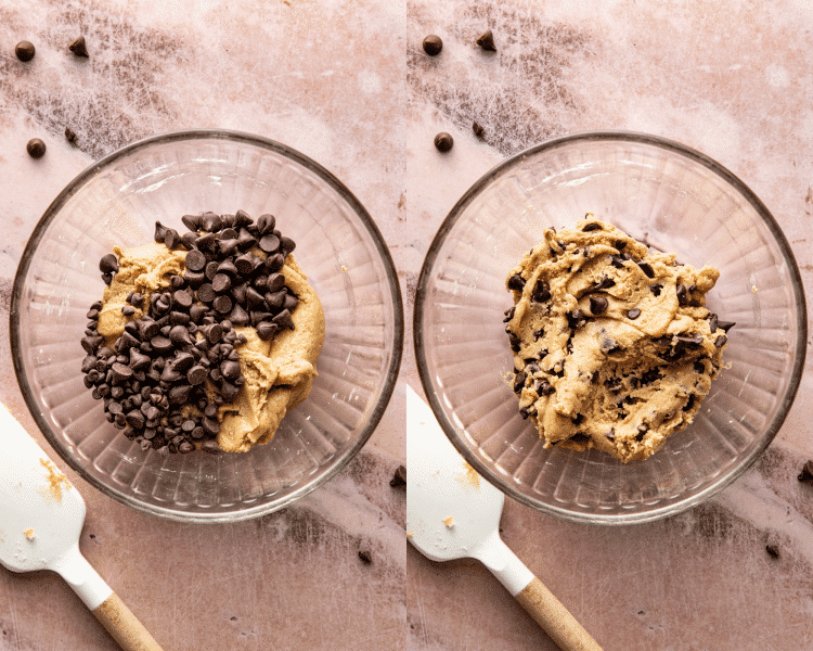 Side-by-side of mixing chocolate chips into cookie dough.