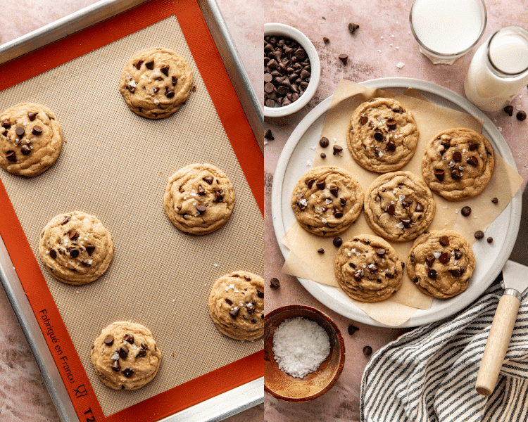 Side-by-side image of cookies baked on baking sheet then transferred to serving plate.