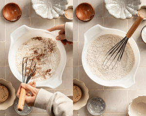 Side-by-side image of whisking dry ingredients together for snickerdoodles.