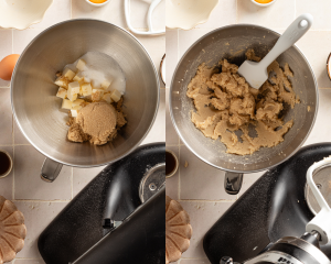 Side-by-side image of mixing the butter and sugar together.