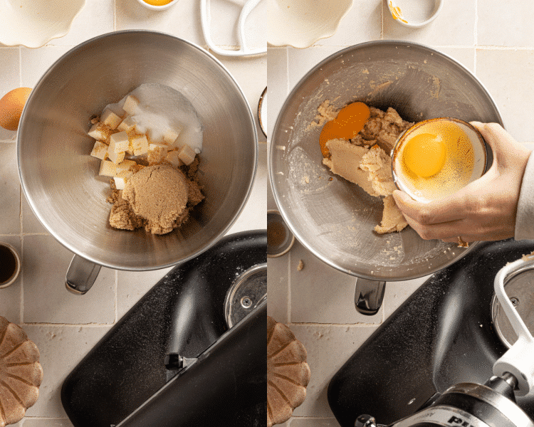 Side-by-side image of mixing the wet ingredients together for snickerdoodle cookies.