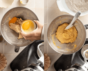 Side-by-side image of adding the rest of the wet ingredients for snickerdoodles.
