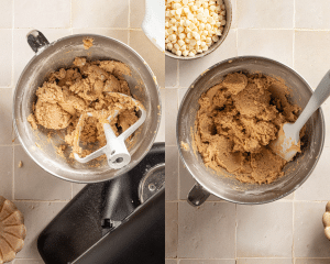 Side-by-side image of combining the wet and dry ingredients to form cookie dough.