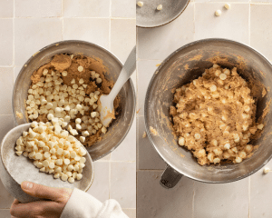 Side-by-side image of adding white chocolate chips and mixing into cookie dough for snickerdoodles.