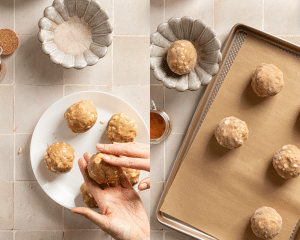 Side-by-side image of rolling cookie dough into balls then rolling the balls in cinnamon-sugar mixture.