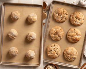 Side-by-side image of placing dough balls on parchment-lined baking sheet and baking.
