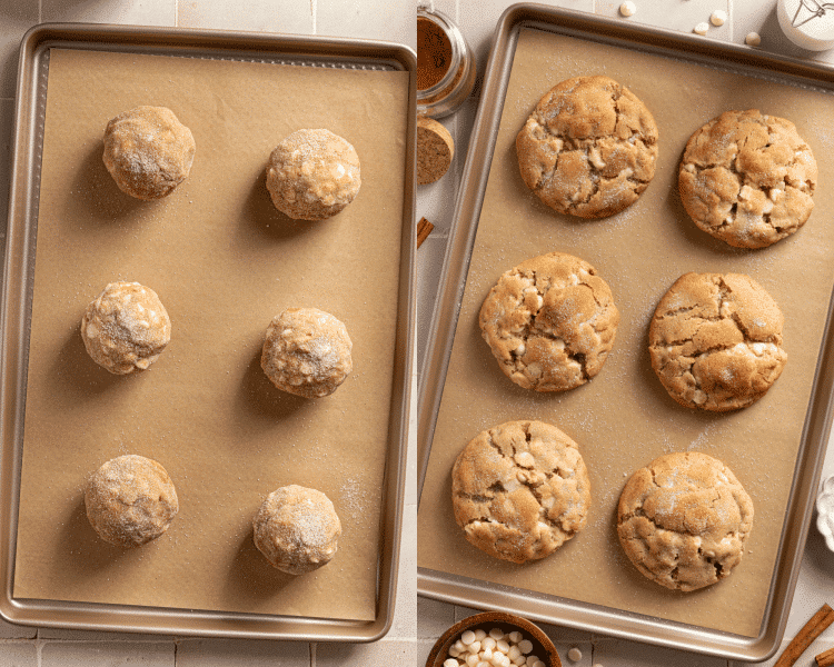 Side-by-side image of placing dough balls on parchment-lined baking sheet and baking.