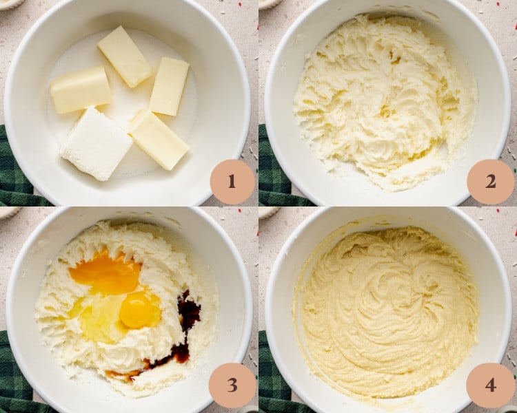 Four-panel collage showing the beginning steps of making Christmas Sugar Cookie Bars. 1. A mixing bowl filled with granulated sugar, softened butter, and cream cheese. 2.The mixture after being creamed until light and fluffy. 3. An egg, egg yolk, vanilla, and almond extract added to the creamed mixture. 4. The batter fully mixed until smooth and pale.